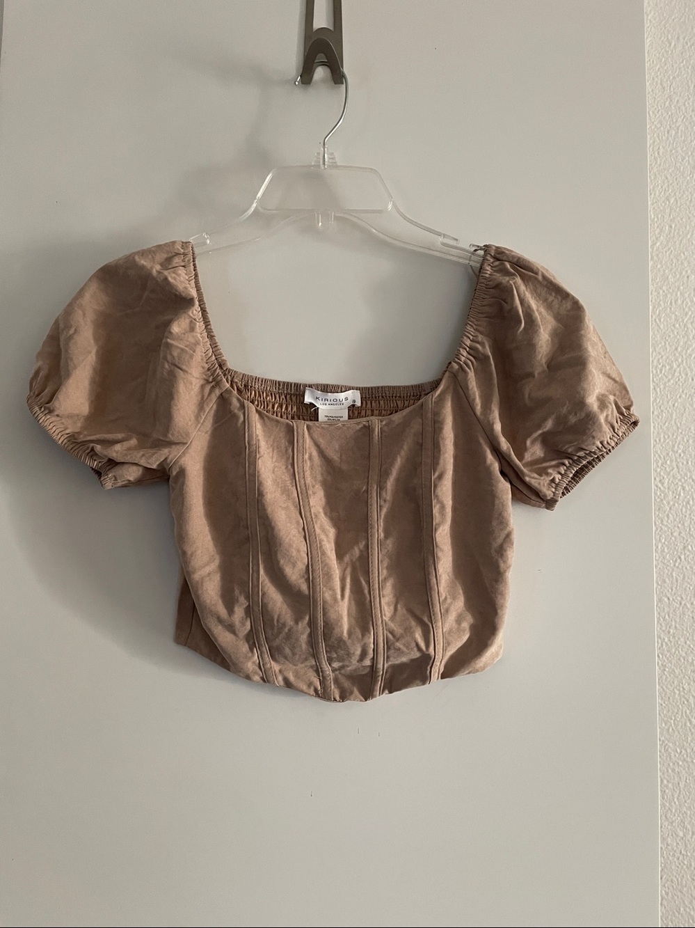 KIRIOUS LA- Tan Fitted Courset Puff Short Sleeve Top Tan Ruched Back NWOT